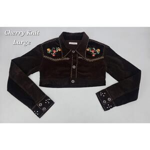 Vintage Y2K Cherry Knit Brown Corduroy‎ Cropped Jacket L Embroidered Western